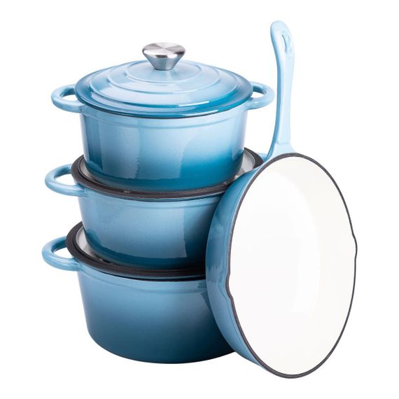 Набір чавунного посуду для приготування 3 каструлі та сковорода з емальованим покриттям Блакитний HP-1-7 | Зображення 1