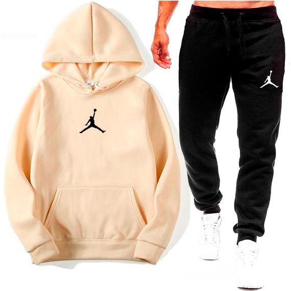 Мужской спортивный костюм двойка штаны + худи, теплый на флисе, Джордан AD0001 цвет черно-бежевый, размер L