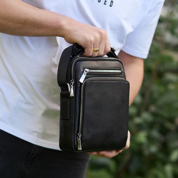 Чоловіча сумка-барсетка через плече шкіряна чорна з ручкою Tiding Bag M61693 | Зображення 7