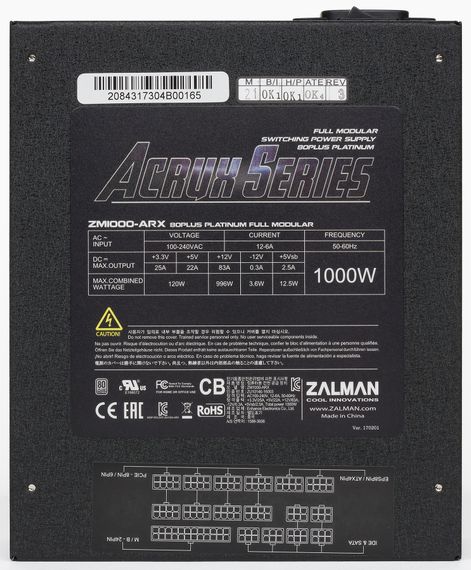 Блок живлення Zalman Acrux (1000W), 94%, 80+Platinum, 135mm, 1xMB 24pin(20+4), 2xCPU (8pin(4+4)+8pin), 8xMolex, 12xSATA, 6xPCIe 8pin(6+2), Fully Modular (ZM1000-ARX) | Зображення 4