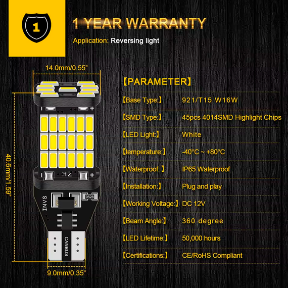 Автолампа Terra T15, цоколь W16W, 4014-45SMD, Canbus, Біполярна, біла, 12-24В | Зображення 9