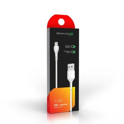 Дата кабель USB 2.0 AM to Lightning 1.0m Cu, 2.1А White Grand-X (PL01W) | Зображення 1