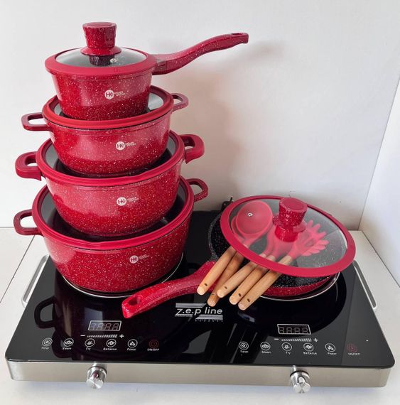 Набор круглих кастрюль + силиконовые принадлежности Higher Kitchen НК-316 (Красный, Черный) | Зображення 2