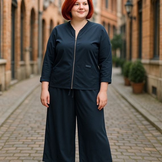 Костюм женский трикотажный темно -  синий Жакет на молнии летний палаццо двунитка 60