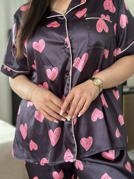 Піжама PLUS SIZE чорна у сердечко з сорочкою та штанами | Зображення 4