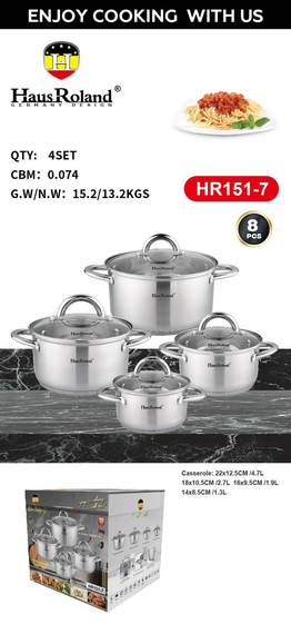 Набір каструль Haus Roland HR151-7, 4 шт. з неіржавкої сталі 1,9/2,7/3,6/4,7 л. Сріблястий (HR151-7) | Зображення 1