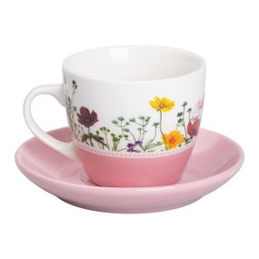 Керамическая чашка с блюдцем 250 (мл) для чая и кофе Розовая