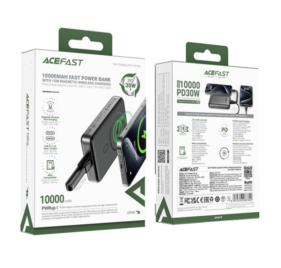 Зовнішній акумулятор ACEFAST M10-10000 PD30W magnetic wireless charging power bank with cable Black | Зображення 2