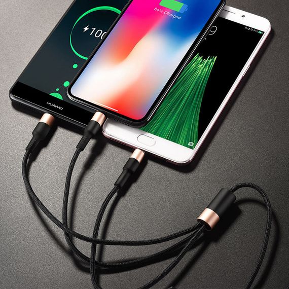 Дата кабель Hoco X26 Xpress 3in1 Lightning -MicroUSB-Type-C (1m) Черный / Золотой | Зображення 3