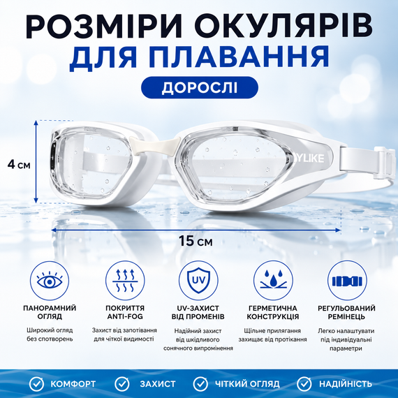 Окуляри для плавання дорослі YLIKE панорамні з антифогом та UV-захистом, білі | Зображення 3