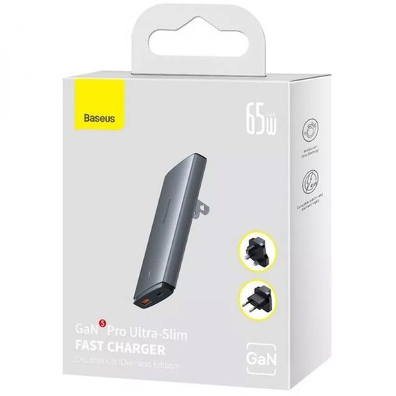 МЗП Baseus GaN5 Pro Ultra-Slim QC 3.0+PD 65W (1USB-A/1C) + кабель Type-C to Type-C (CCGP15011) Gray | Зображення 4