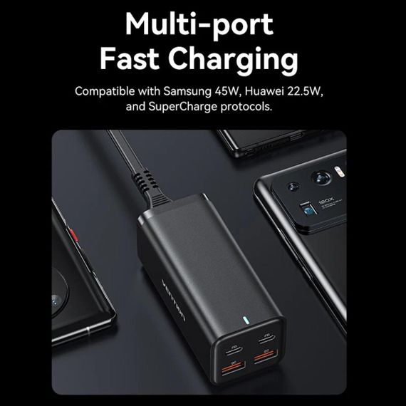 Мережевий зарядний пристрій Vention 4-Port USB (C + C + A + A) GaN Charger (100W/100W/18W/18W) EU-Plug Black | Зображення 6