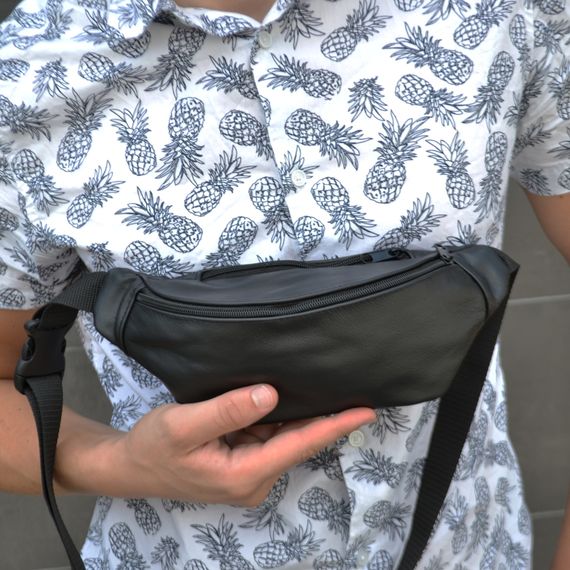 Функціональна бананка, Чорна шкіряна сумка бананка Зручна чорна чоловіча барсетка AM-19 | Зображення 4