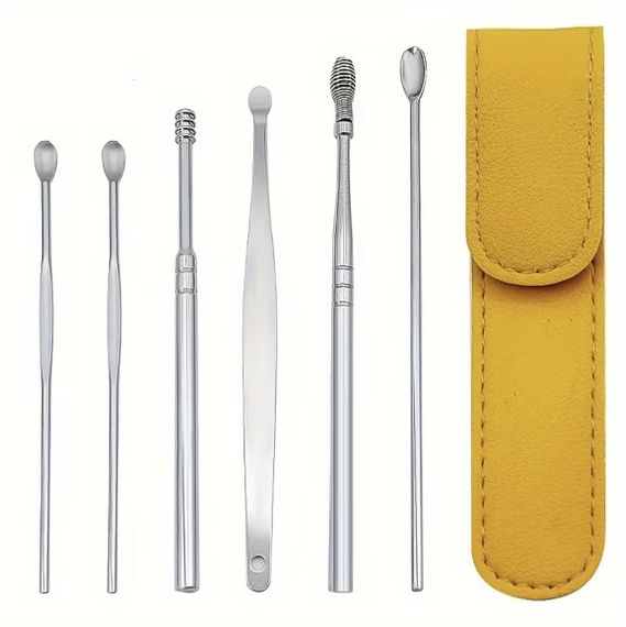 Набор для чистки ушей и удаления ушной серы из 6 инструментов. Желтый