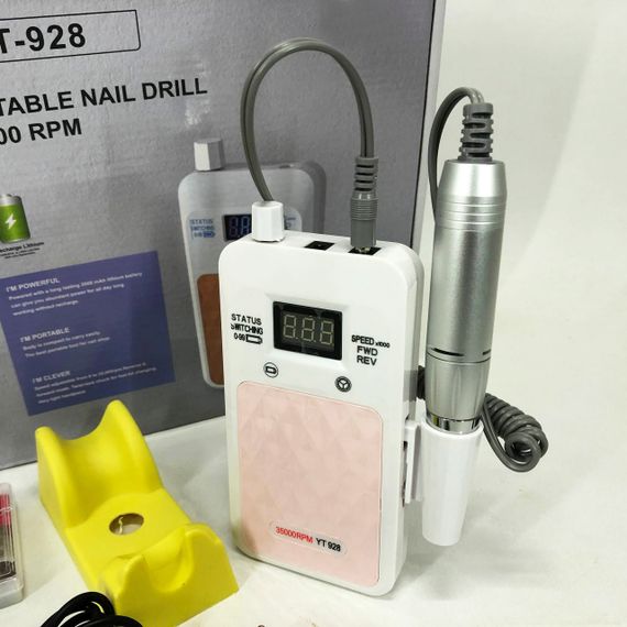 Портативний фрезер для нігтів Nail Drill YT-928 акумуляторний з індикатором заряду на 35 000 оборотів. Колір: білий | Зображення 1
