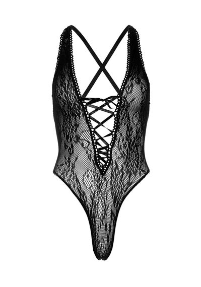 Мереживне боді Leg Avenue Floral lace thong teddy Black, шнурівка на грудях, one size | Зображення 3