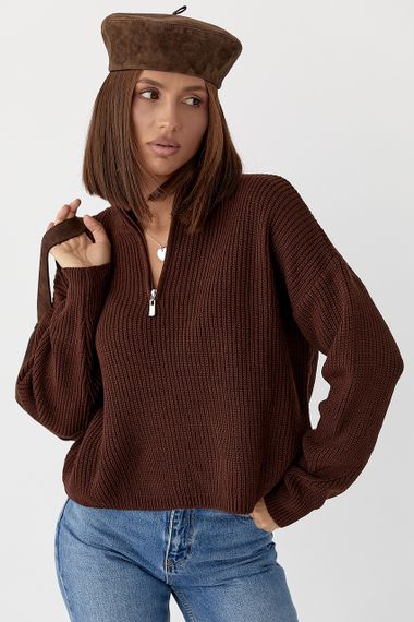 В'язаний светр із блискавкою на горловині - темно-коричневий цвет, ONE SIZE (є розміри) | Зображення 4