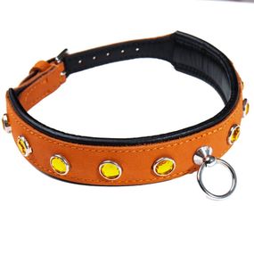 Ошейник со стразами тонкий DS Fetish кожаный, оранжевый (Голландия) sexstyle