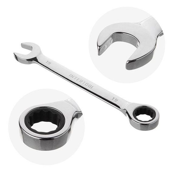 Набір ключів комбінованих, з тріскачкою, 6 шт., 8-19 мм, Cr-V, професійний, DIN3113 INTERTOOL XT-1301 | Зображення 1