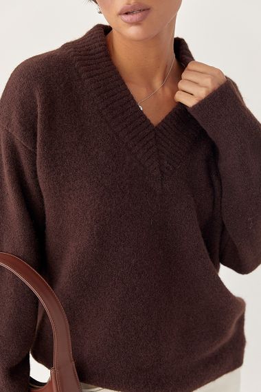 В'язаний однотонний пуловер вільного фасону - коричневий цвет, ONE SIZE (є розміри) | Зображення 3