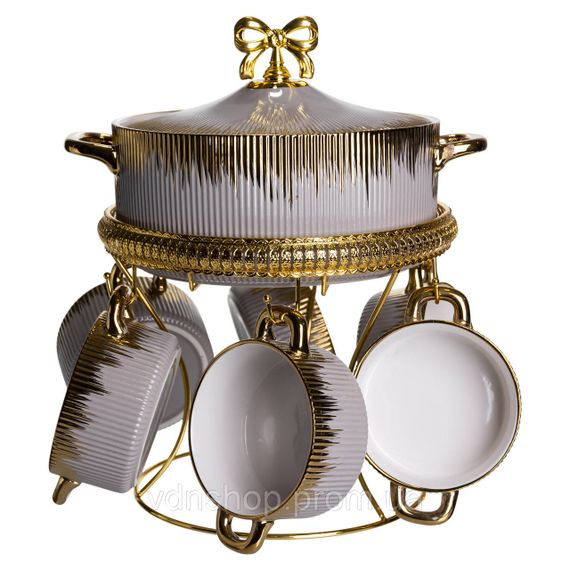Суповий сервіз на 6 персон супниця 2 (л) на підставці з бульйонницями 400 (мл) тарілки для супу Сірий з золотом FM-A23-6 | Зображення 4