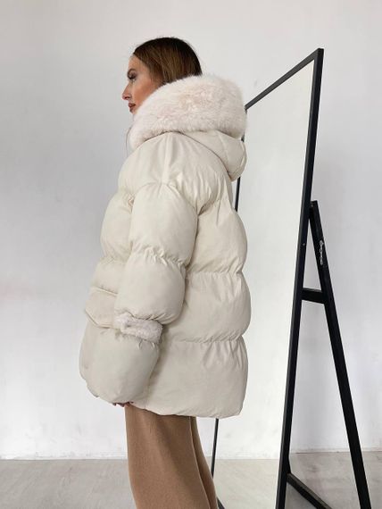 Пуховик с опушкой и капюшоном Cresh Puffer, молочный | Зображення 8