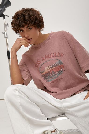 Футболка в стилі тай-дай із принтом авто - пудра цвет, ONE SIZE (є розміри) | Зображення 4