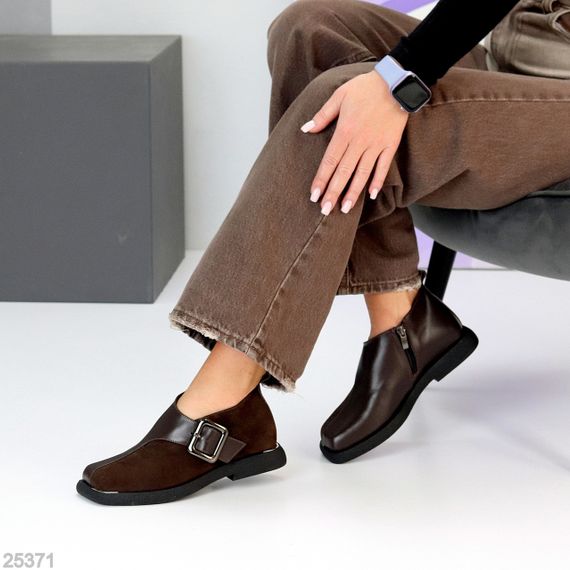 Дизайнерские шоколадные туфли натуральная кожа + замша квадратный носок | Зображення 4