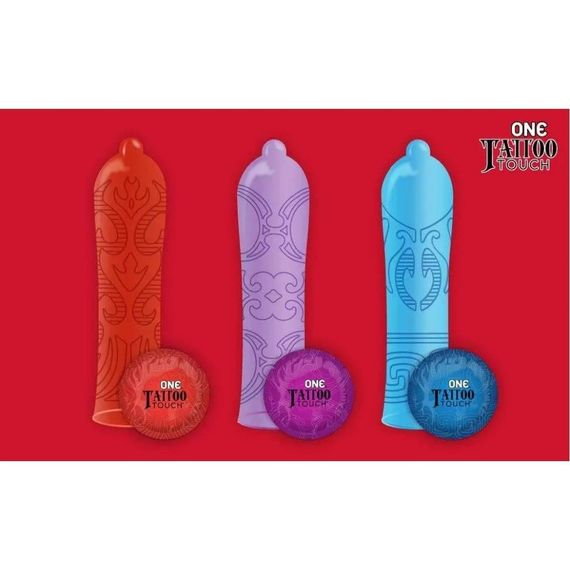 Набор презервативов с рельефом в виде тату One Tattoo Touch фиолетовые (цена за 5 шт.) sexstyle | Зображення 1