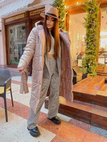 Женская двухсторонняя куртка-пальто длинное на кнопках LY30368 цвет бежевый+капучино, размер 42/48