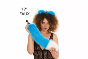 Анальний хутряний хвіст без пробки, Яскраво-блакитний з білим кінчиком, OKOVA, 50 см. sexstyle