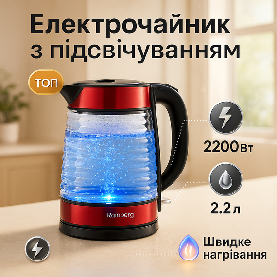 Електрочайник фирменный Rainberg, Чайники с подсветкой воды, Чайник с дисковым нагревом JI-49