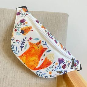 Сумка бананка через плече та на пояс Bumbag Лисиця та квіти на білому фоні 27х16 см (BB_25J001_WH)