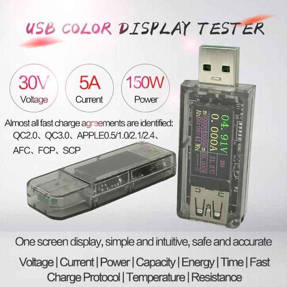 USB тестер струму, напруги, потужності 4-30В 0-5А 2xUSB з таймером | Зображення 1