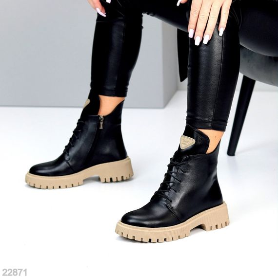 Круті зимові чорні черевики натуральна шкіра на бежевій підошві | Зображення 3