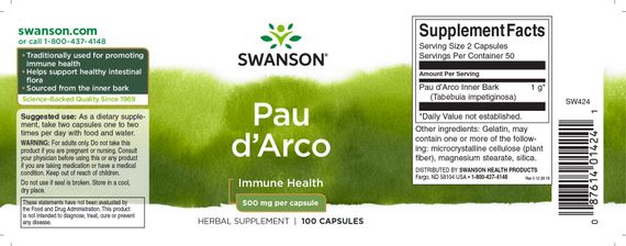 Кора муравьиного дерева Swanson Pau D'Arco 500 mg 100 caps | Зображення 2