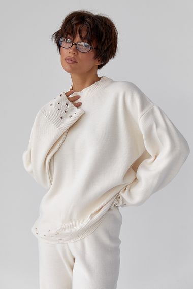 Трикотажний костюм з рваним ефектом - молочний цвет, ONE SIZE (є розміри) | Зображення 2