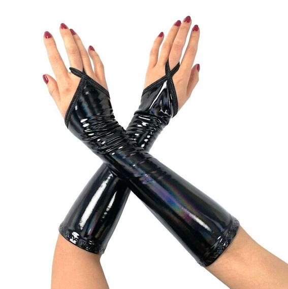 Вінілові мітенки Art of Sex - Lora короткі, размер L, колір чорний з ефектом голограми
