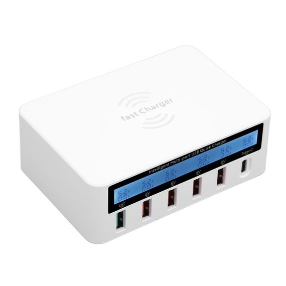 Зарядний пристрій WLX-818F 1xUSB QC3.0 / 4xUSB / 1xType-C / бездротова зарядка Qi 10W / 50W (Max) - White | Зображення 1