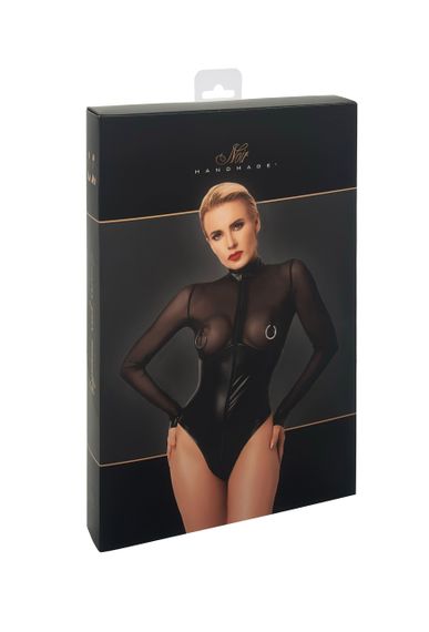 Боді Noir Handmade F321 Edge wetlook and mesh body with rings Чорне L | Зображення 8