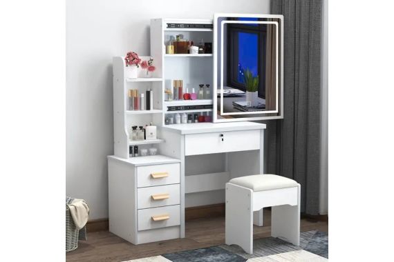 Стіл для макіяжу з LED дзеркалом та пуфом STL-MD 84 білий | Зображення 1