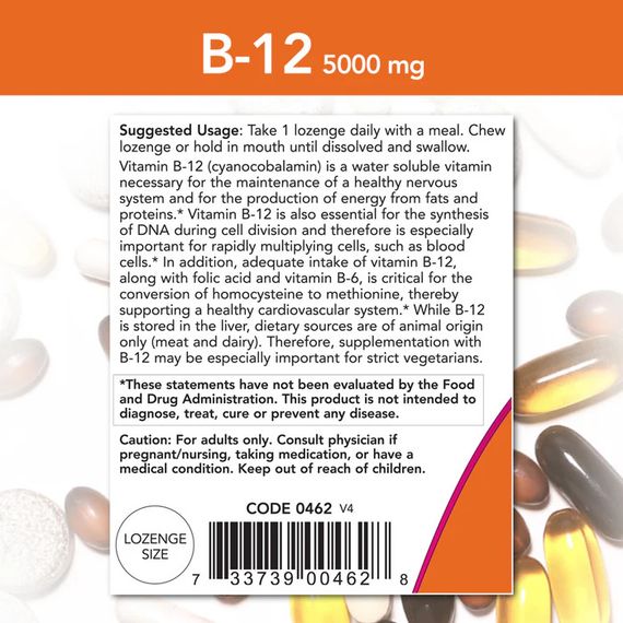 Вітамін B12 з фолієвою кислотою NOW Foods B-12 5000 мкг 60 пастилок | Зображення 2