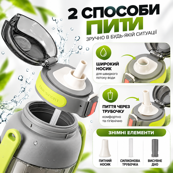 Бутылка для воды TKK 1400 мл спортивная серая Tritan BPA Free ударопрочная соломинкой, ремешком и ручкой | Зображення 6