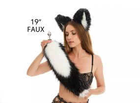 Анальний хутряний хвіст без пробки, Триколірний: Білий, чорний, чорнобурий з білим кінчиком, OKOVA 50 см. Sex Aura