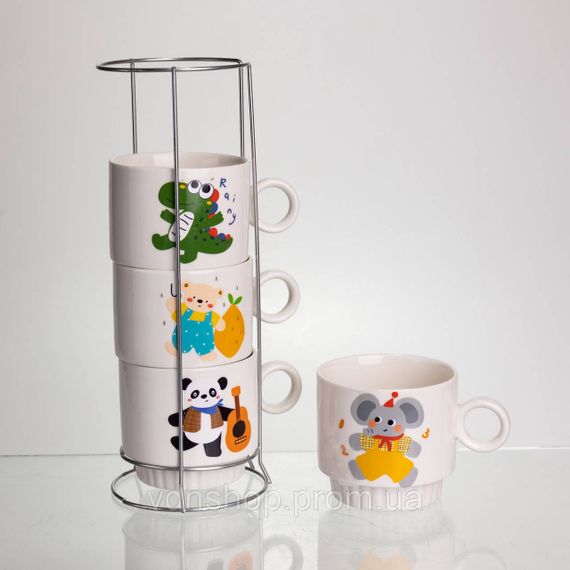 Набір порцелянових чашок для дітей на металевій підставці Animals 4 (шт) по 300 (мл) подарунковий набір чашок FM-8 | Зображення 2