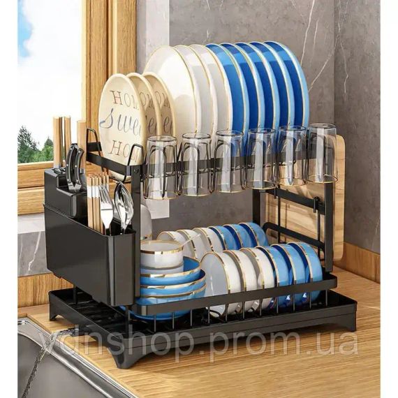 Сушарка для посуду JYG (двоярусна, з нержавіючої сталі), чорна, товари для дому