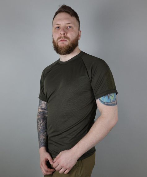 Футболка пряма Coolmax Олива з велкро на рукаві, чоловіча потовідвідна тактична футболка кулмакс 46