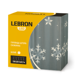 LED гірлянда LEBRON штора 3х0,7м, сніжинка 138LED, біла, IP20 (15-18-94)