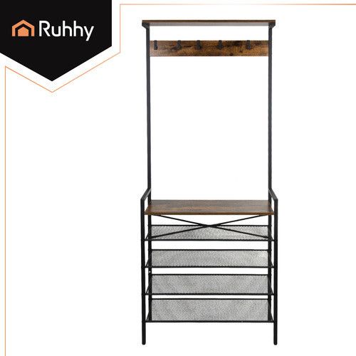 Полиця RUHHY з вішалкою - металевий каркас у стилі лофт - 4 полиці для взуття, кошик і верхня полиця - 5 подвійних гачків - стабіл | Зображення 6