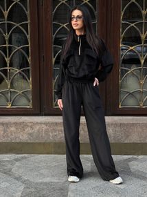 Женский велюровый спортивный костюм с штанами палаццо JA0282 цвет черный, размер 46/48